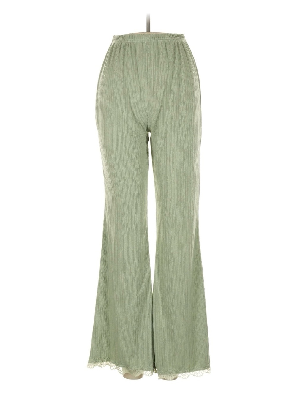 Light Sage Ribbed Flare Pants with Lace Trim